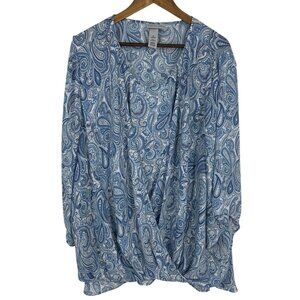 Catherines Womens Paisley Print Blue & White Long Sleeve Blouse Size 3X